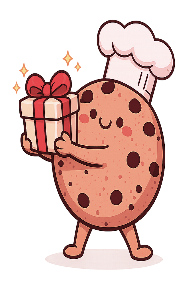 Rookie cookie mascot carrying a gift